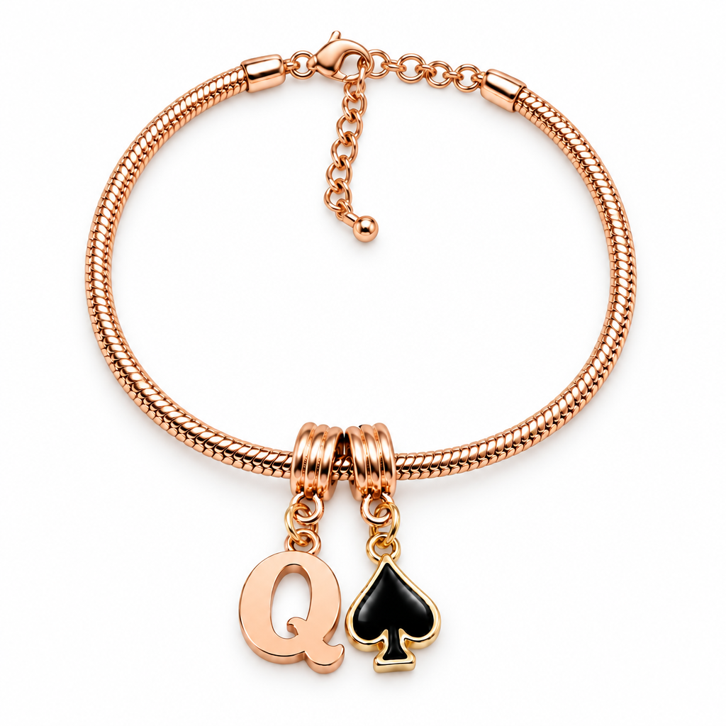 QOS Q & Black Spade Charm Snake Chain Anklet