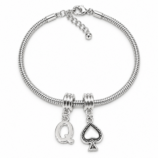 QOS Silver-Tone Q & Spade Charm Snake Chain Anklet