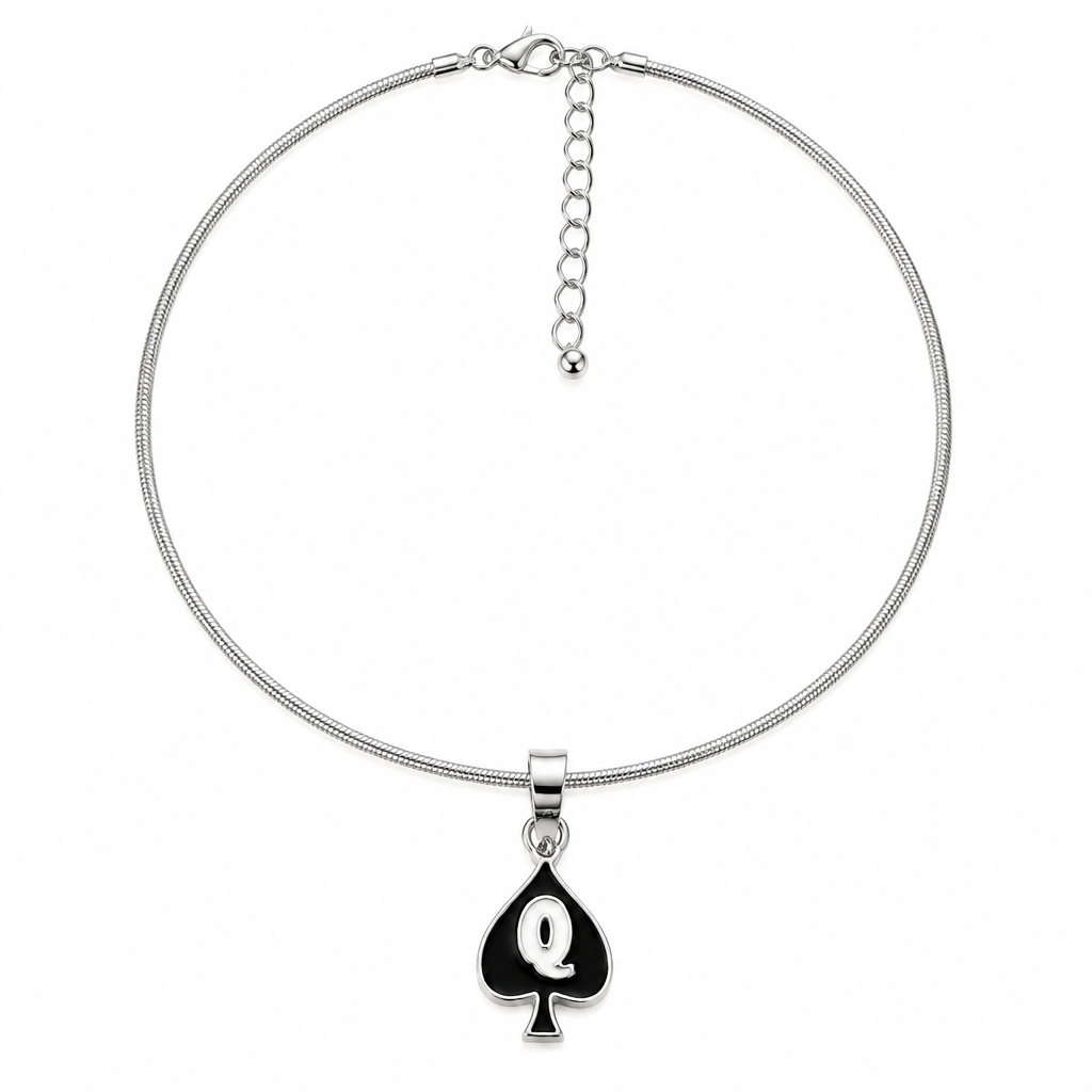 A silver-toned chain necklace featuring a black spade-shaped pendant with a white letter 'Q' in the center, displayed on a clean white background.