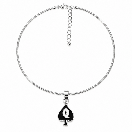 A silver-toned chain necklace featuring a black spade-shaped pendant with a white letter 'Q' in the center, displayed on a clean white background.