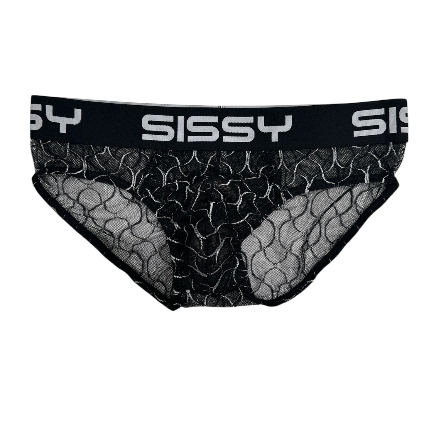 Black lace underwear with 'Sissy' branding on a white background