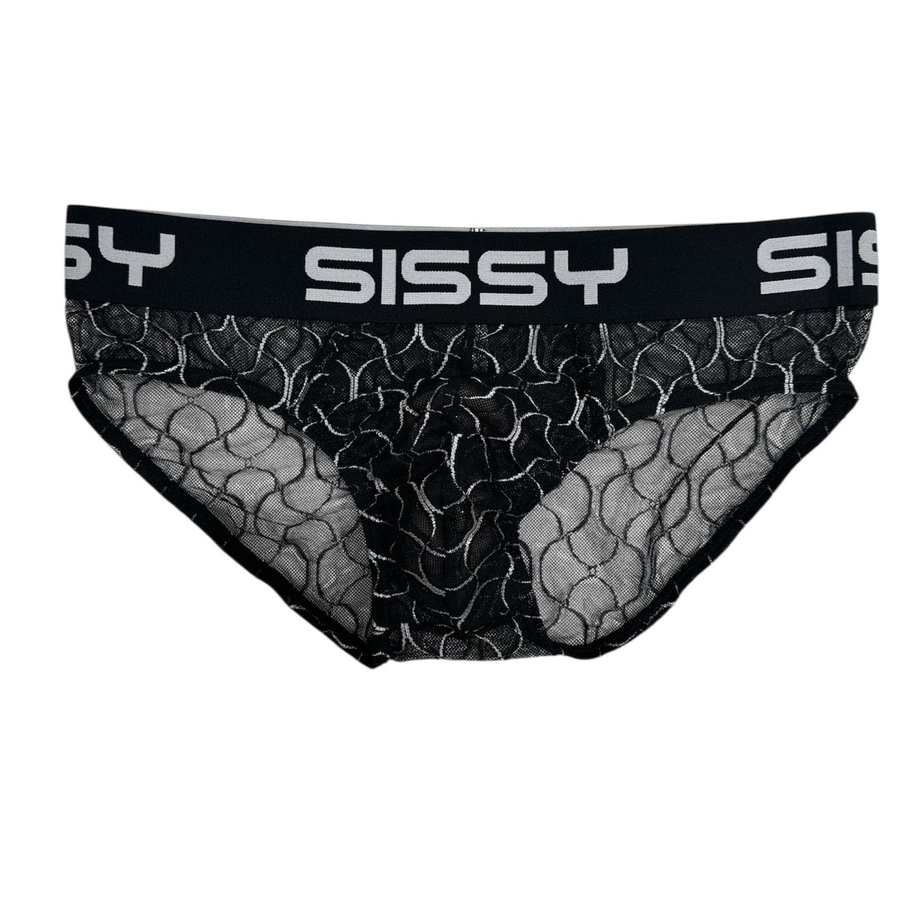 Black lace underwear with 'Sissy' branding on a white background