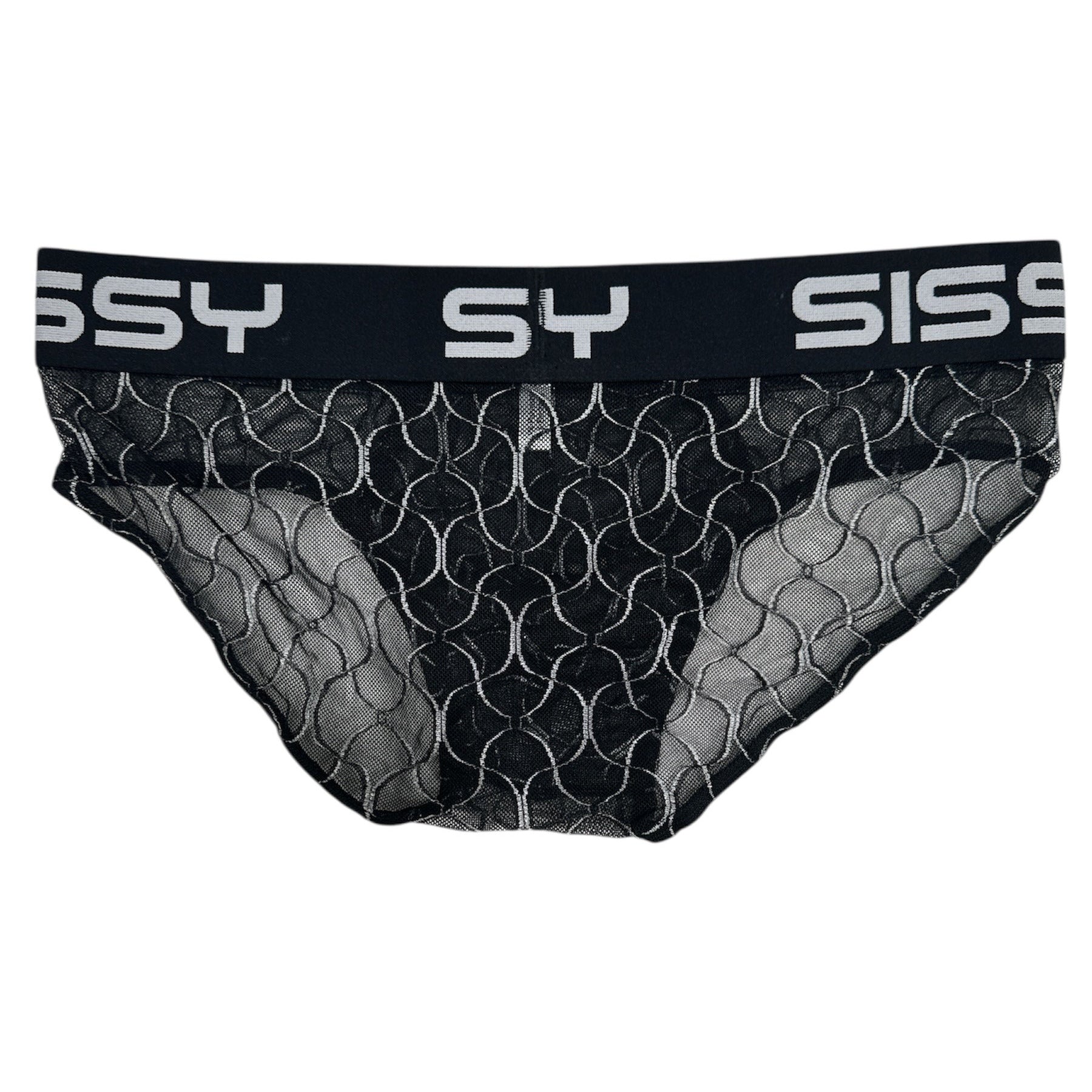 Black mesh underwear with 'SISSY' branding on a white background