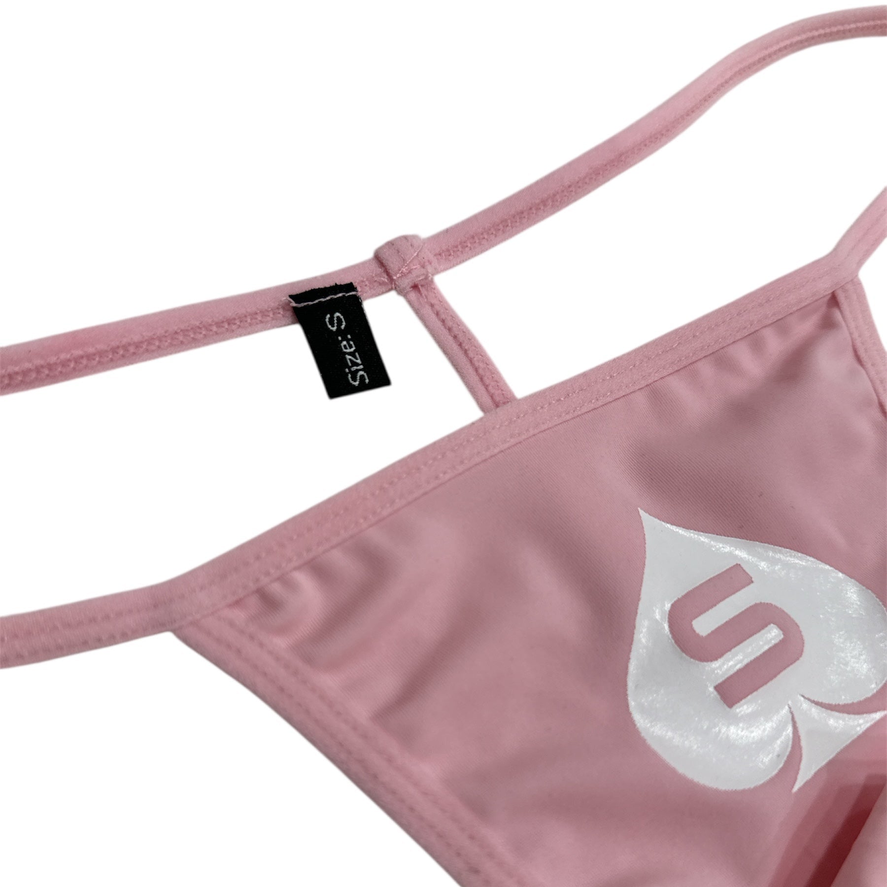 Pink bikini top with a brand logo on a white background