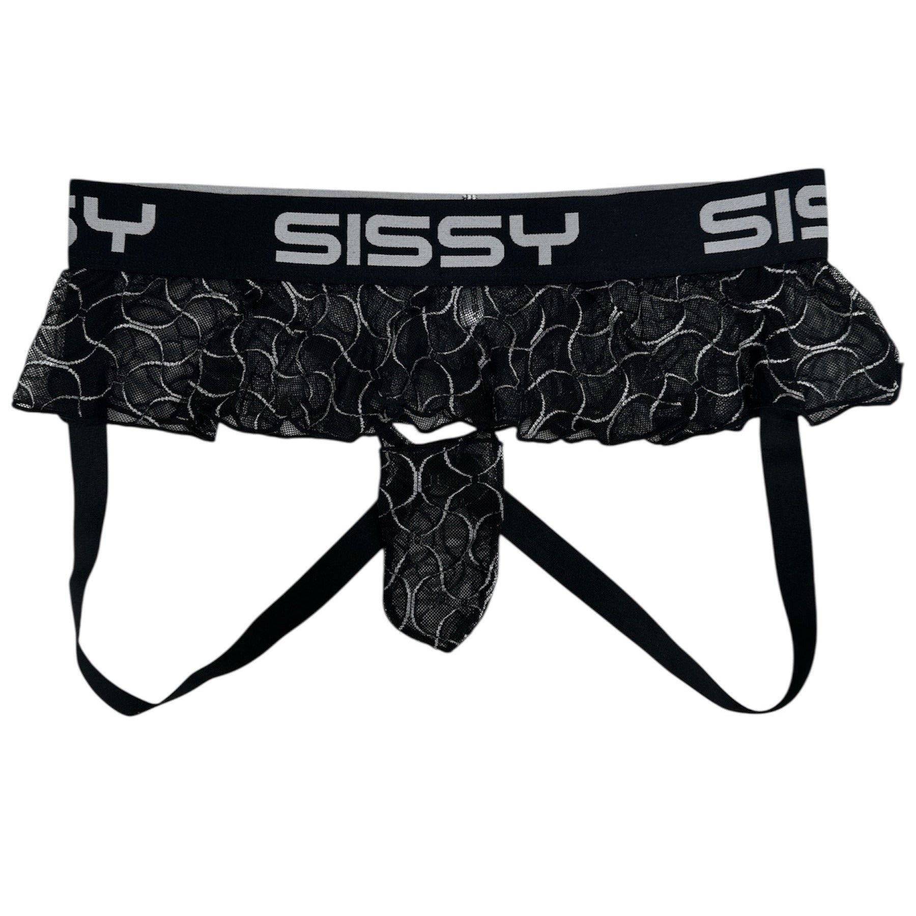 Black lace thong with 'Sissy' branding on a white background