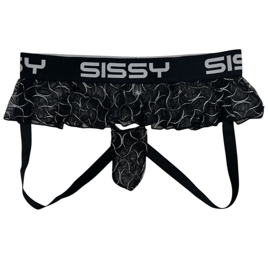 Black lace thong with 'Sissy' branding on a white background