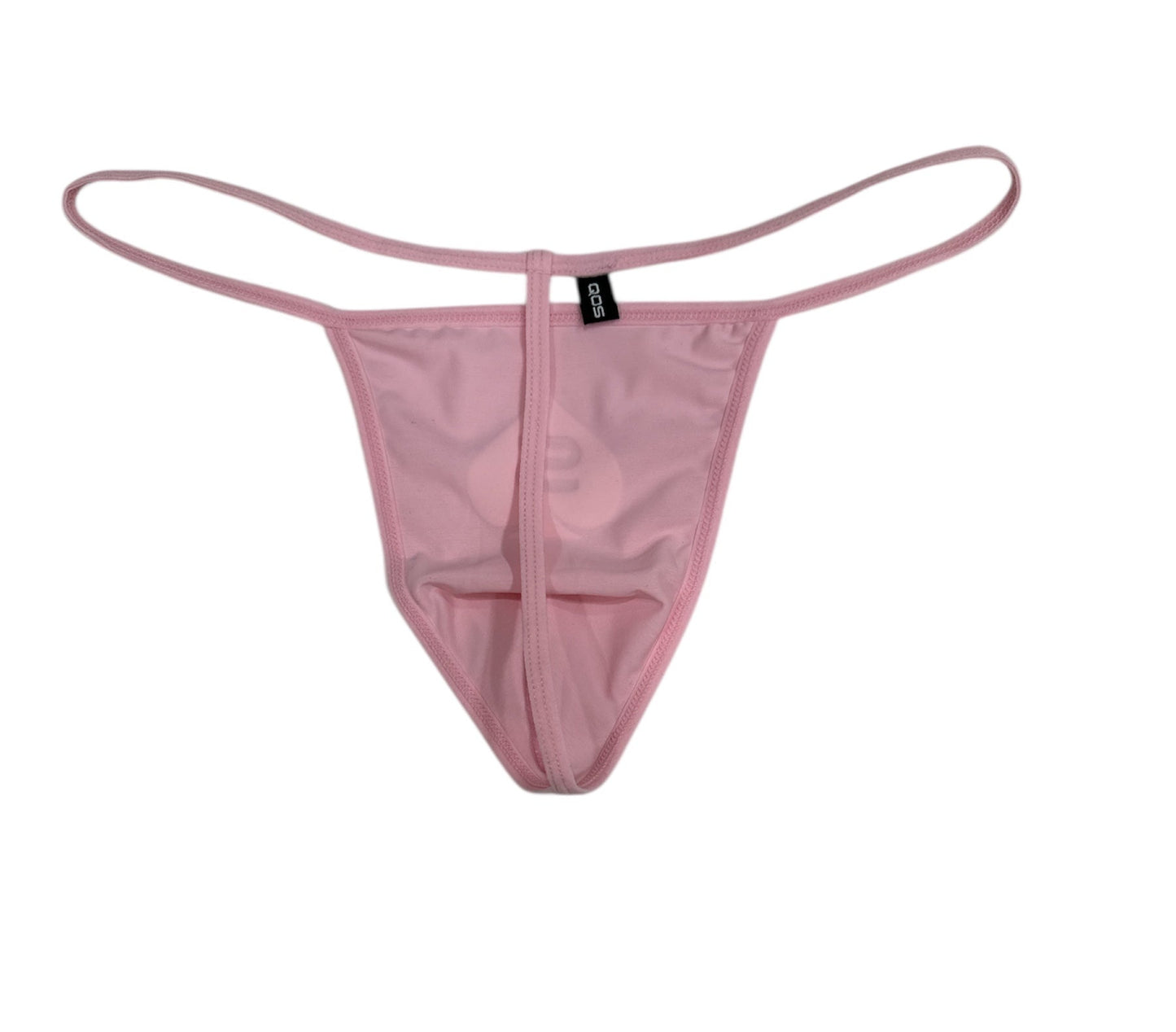 Pink thong with a brand label on a white background