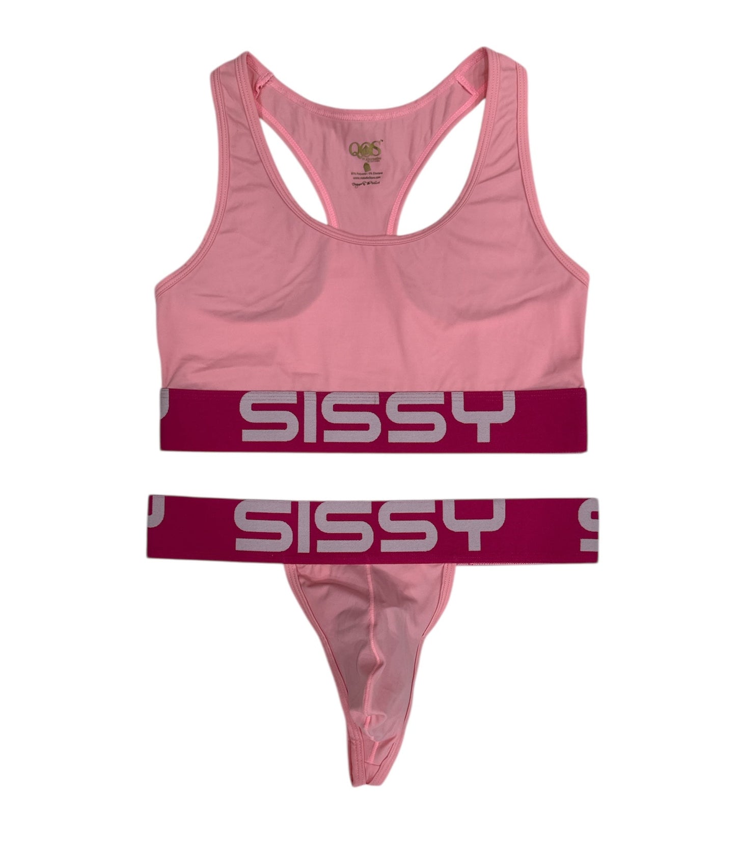 Pink sports bra and leggings set with 'Sissy' branding on a white background