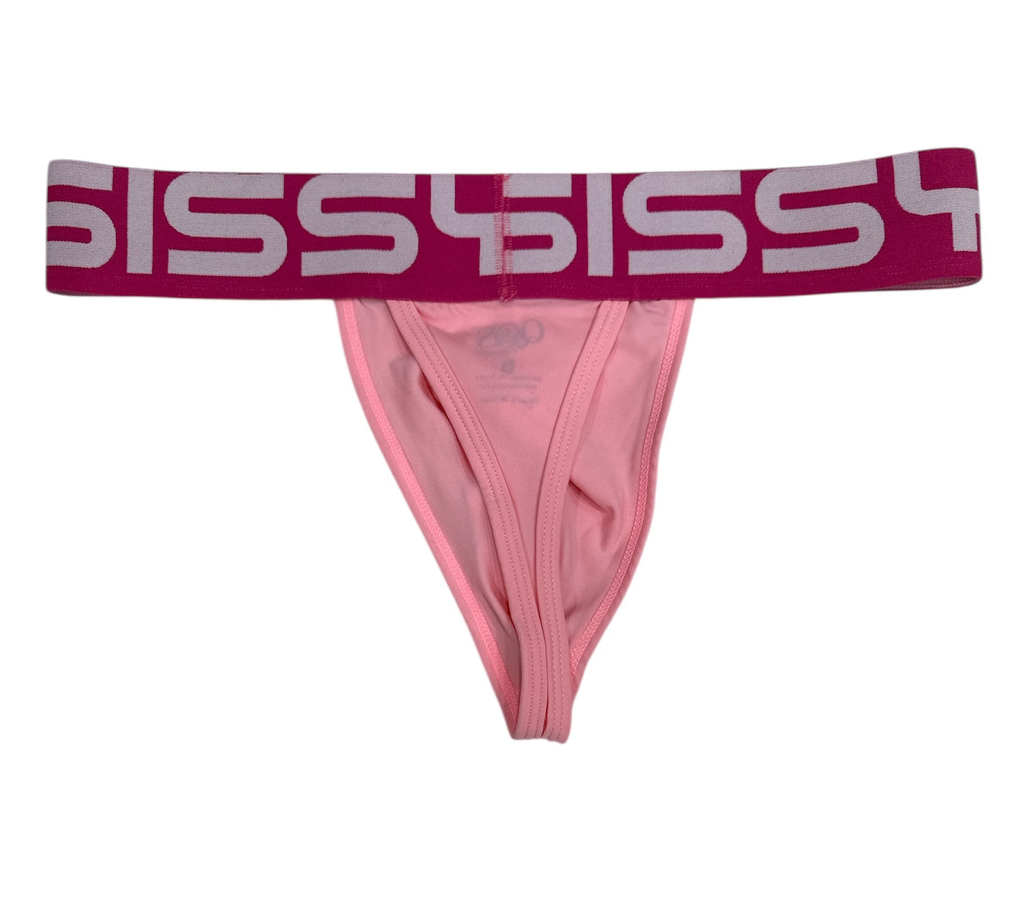 Pink thong with 'Sissy"  waistband on a white background