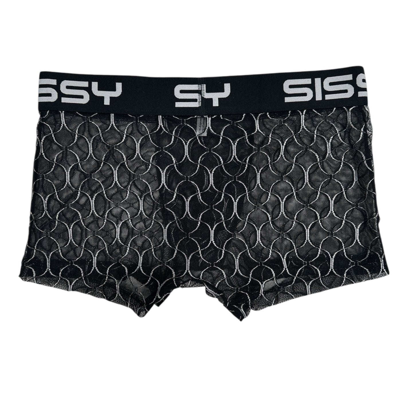 Black boxer briefs with a textured pattern on a white background