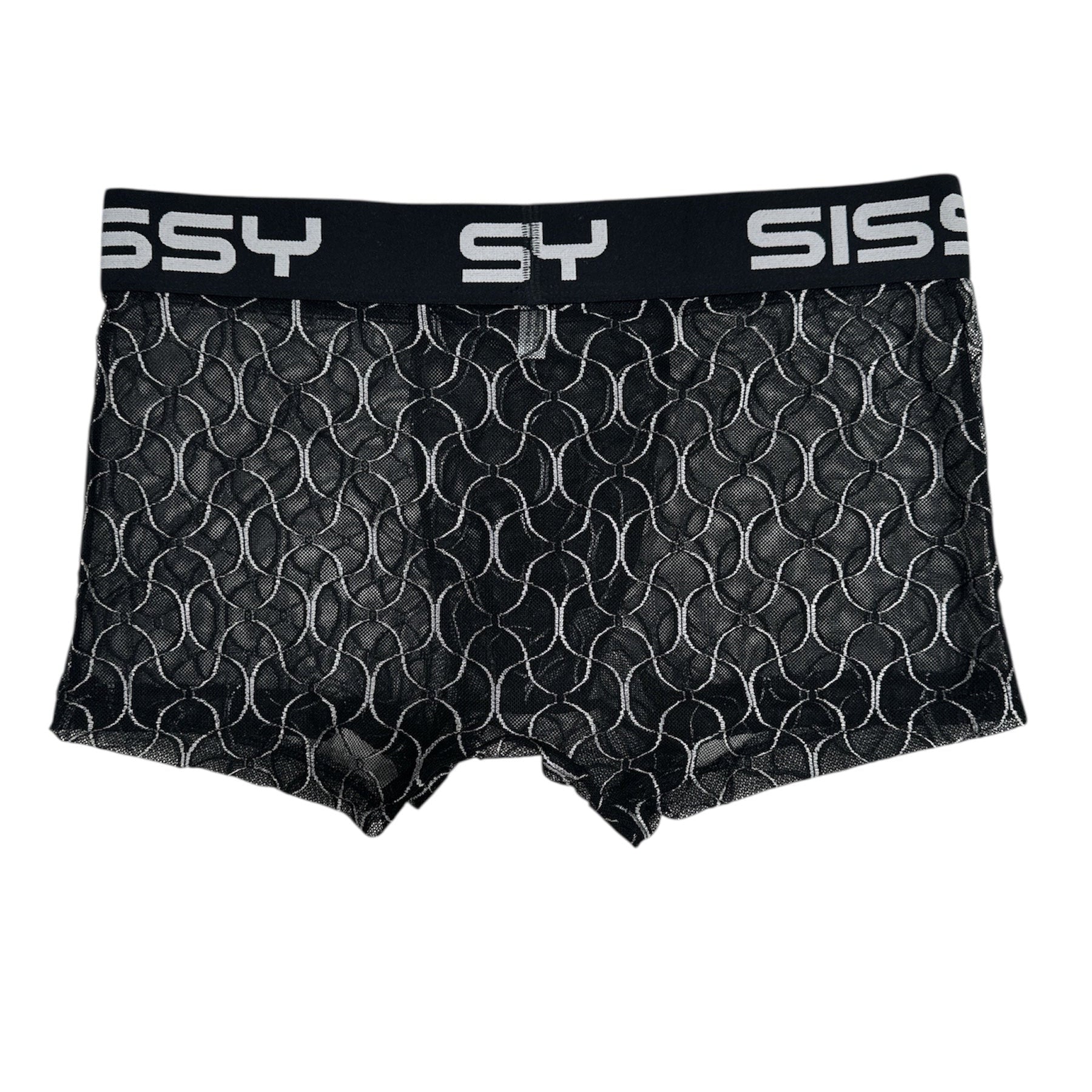 Black boxer briefs with a textured pattern on a white background