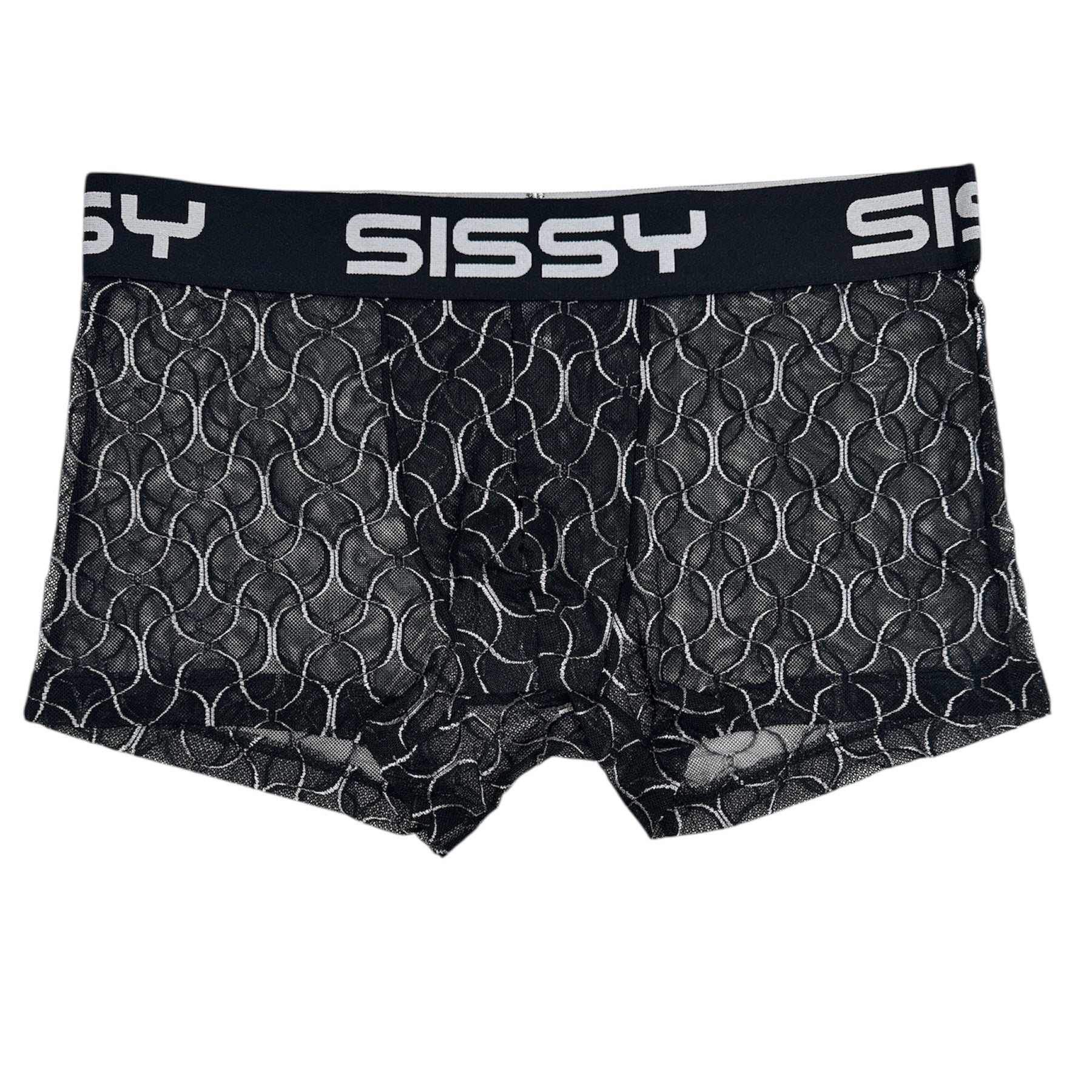 Black patterned boxer briefs with 'Sissy' branding on a white background