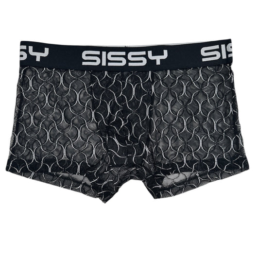 Black patterned boxer briefs with 'Sissy' branding on a white background