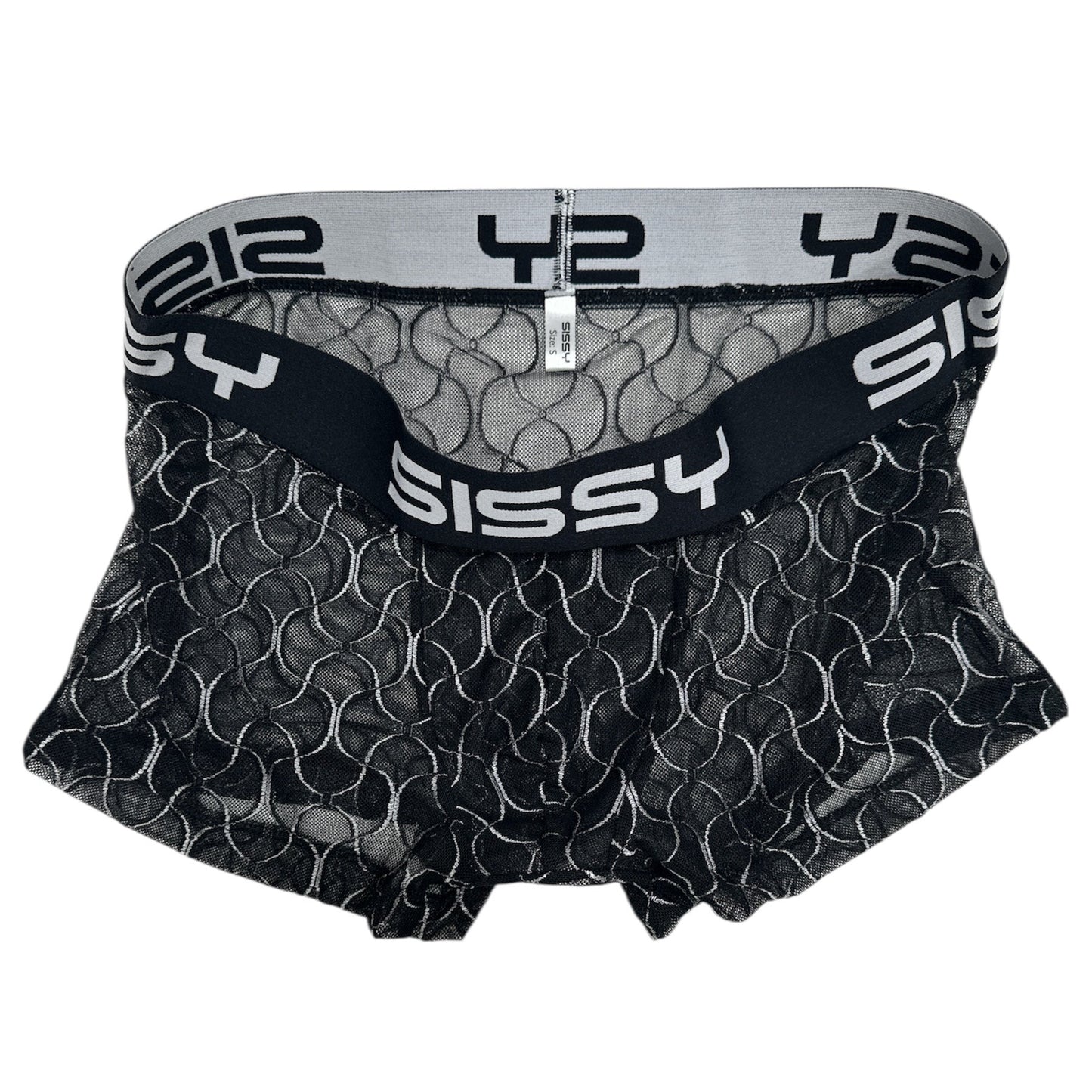 Black patterned boxer briefs with a white waistband featuring 'Sissy' branding on a white background.