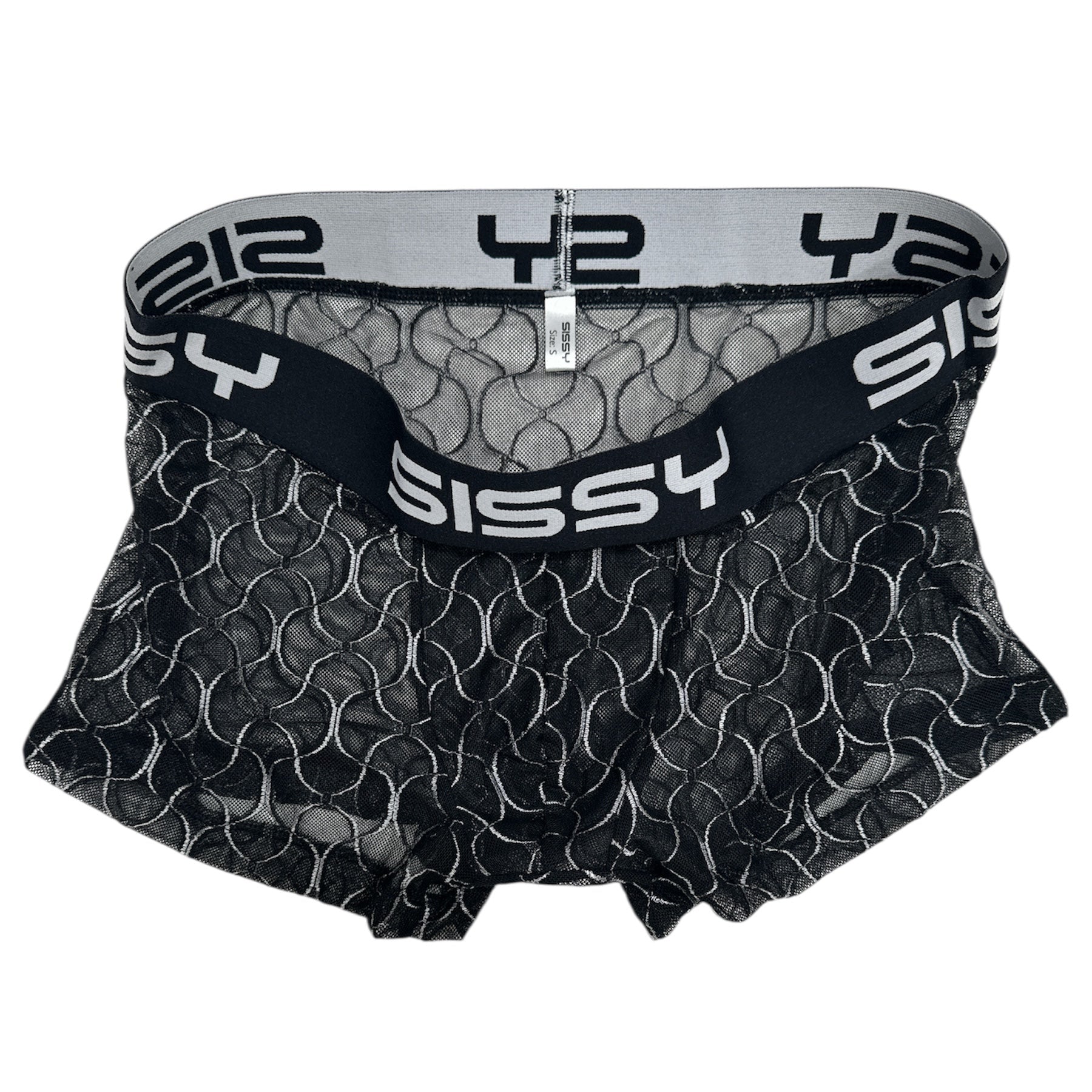 Black patterned boxer briefs with a white waistband featuring 'Sissy' branding on a white background.