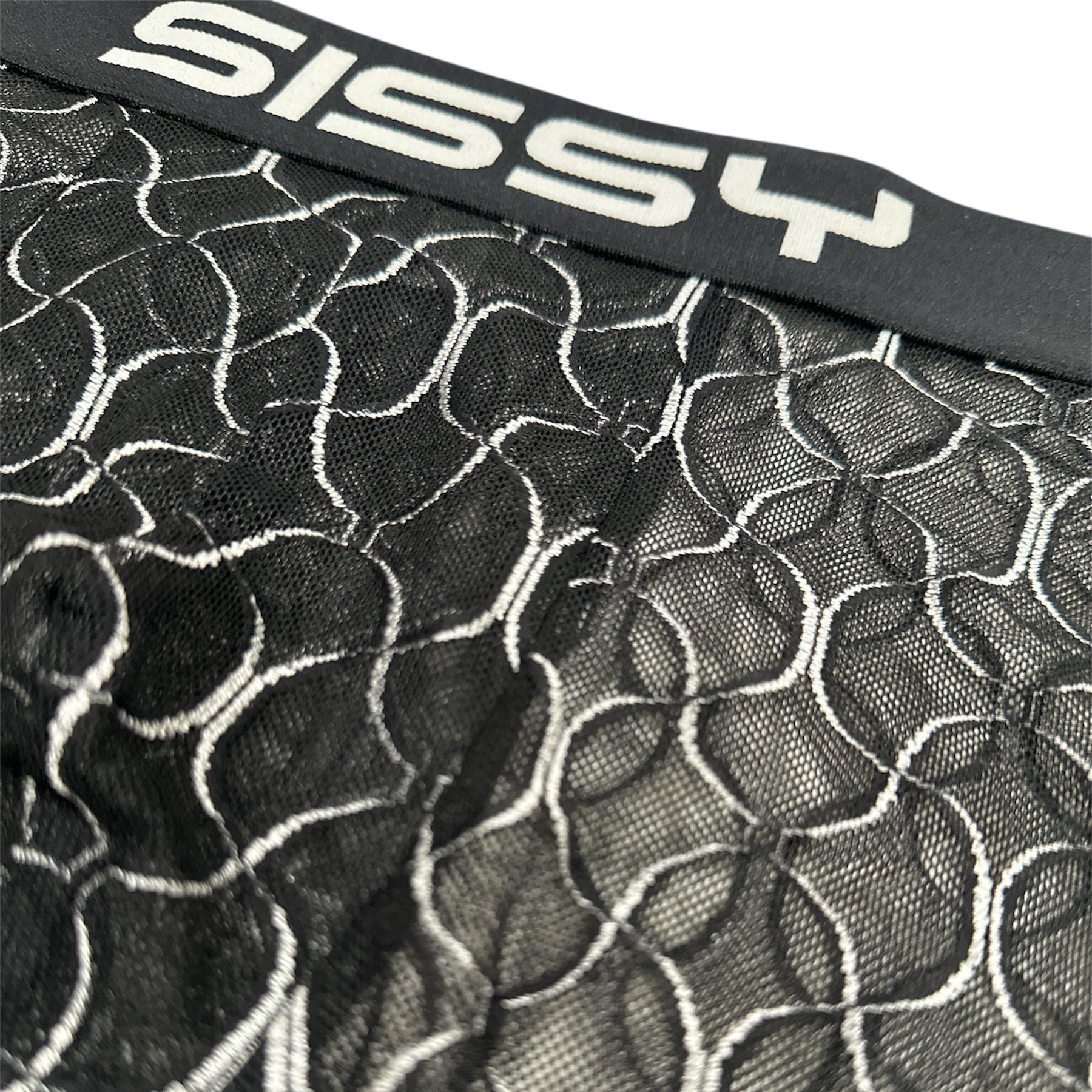 Black mesh fabric with white lace details and 'Sissy' branding.
