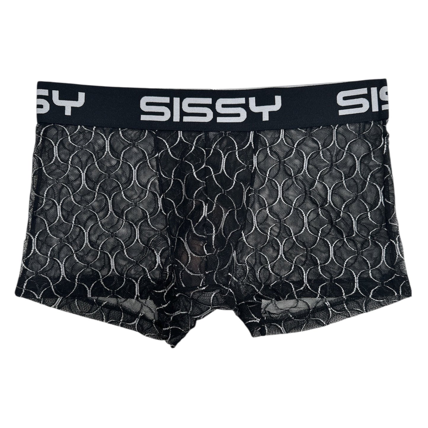 Black boxer briefs with a pattern and 'SISSY' branding on a white background