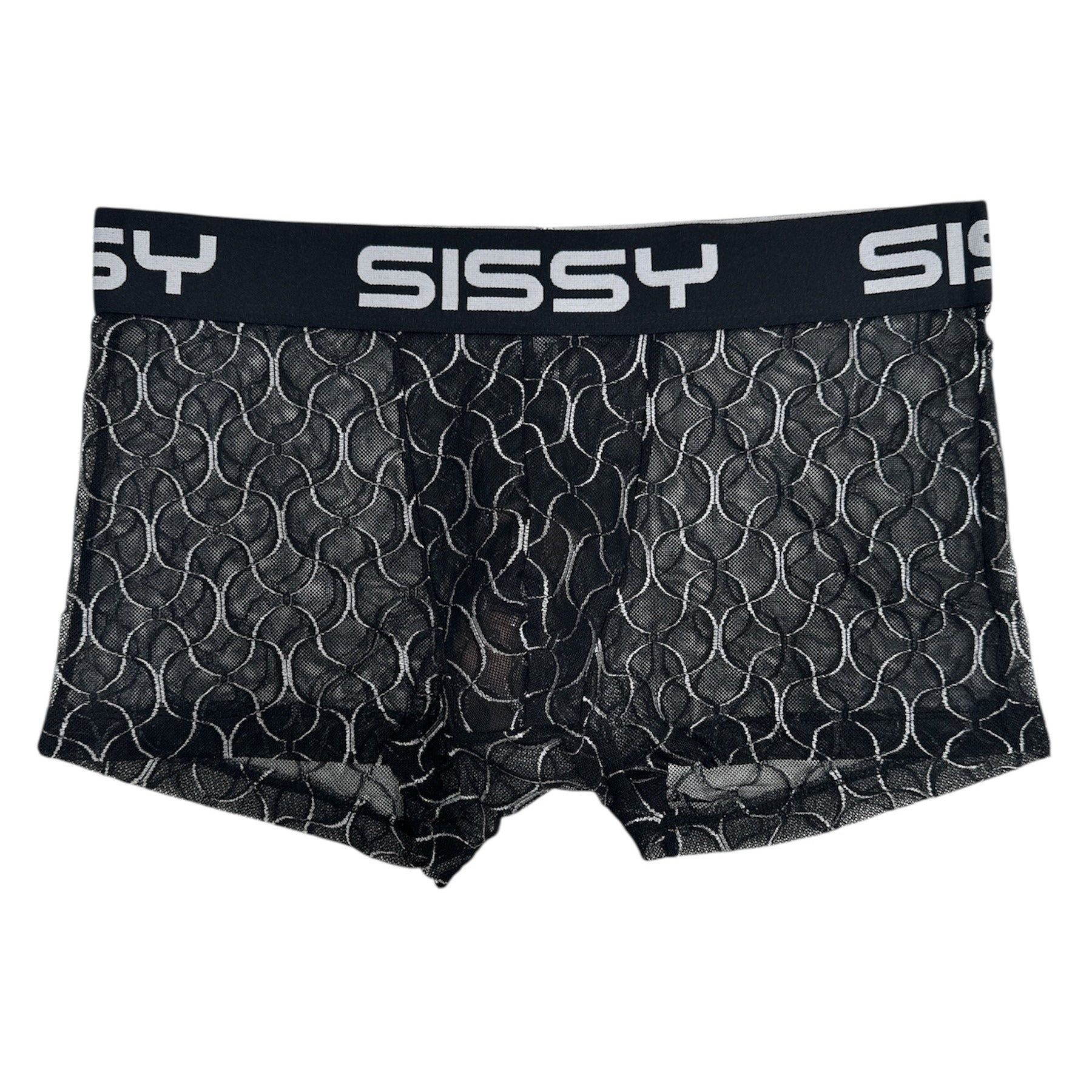 Black boxer briefs with a pattern and 'SISSY' branding on a white background