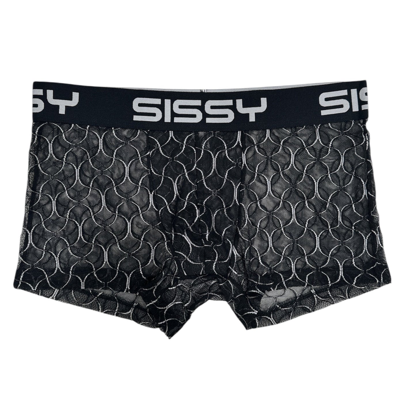 Black boxer briefs with white pattern and 'Sissy' branding on a white background