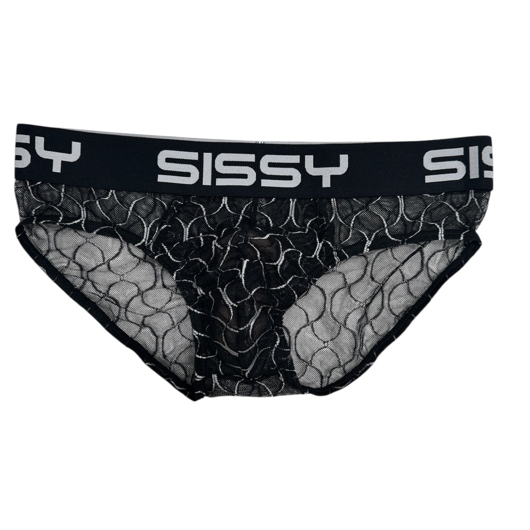 Black lace underwear with 'SISSY' branding on a white background