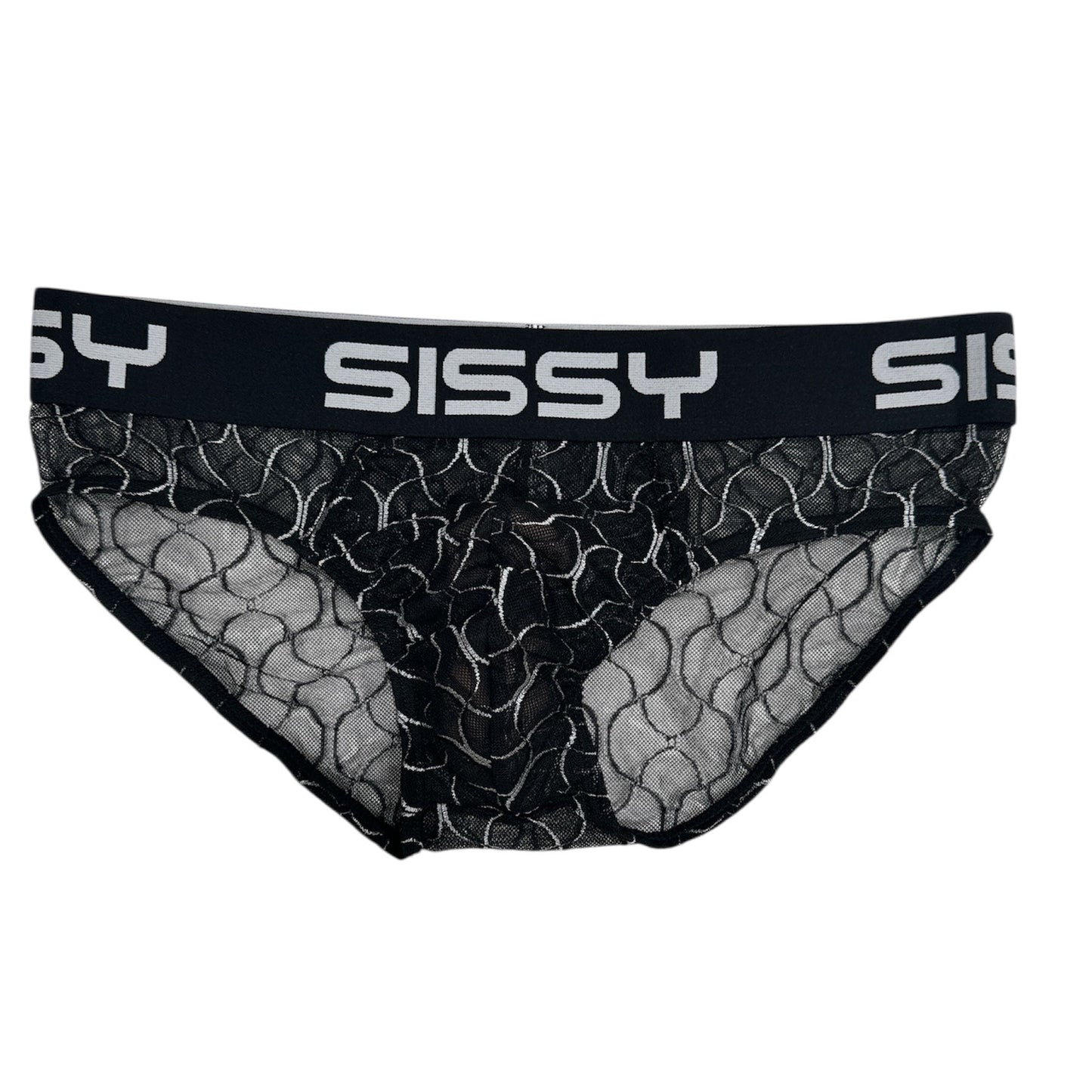 Black lace underwear with 'SISSY' branding on a white background