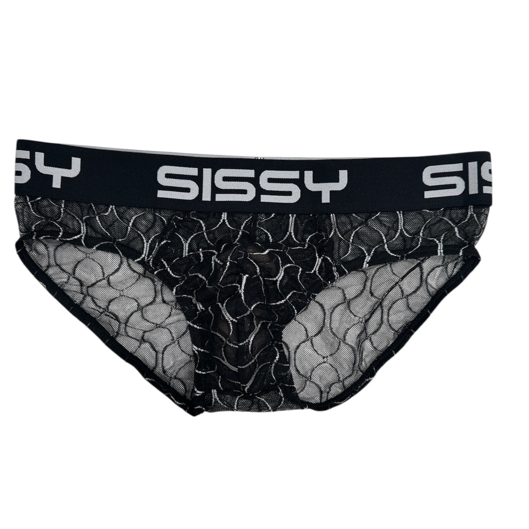 Black lace underwear with 'SISSY' branding on a white background