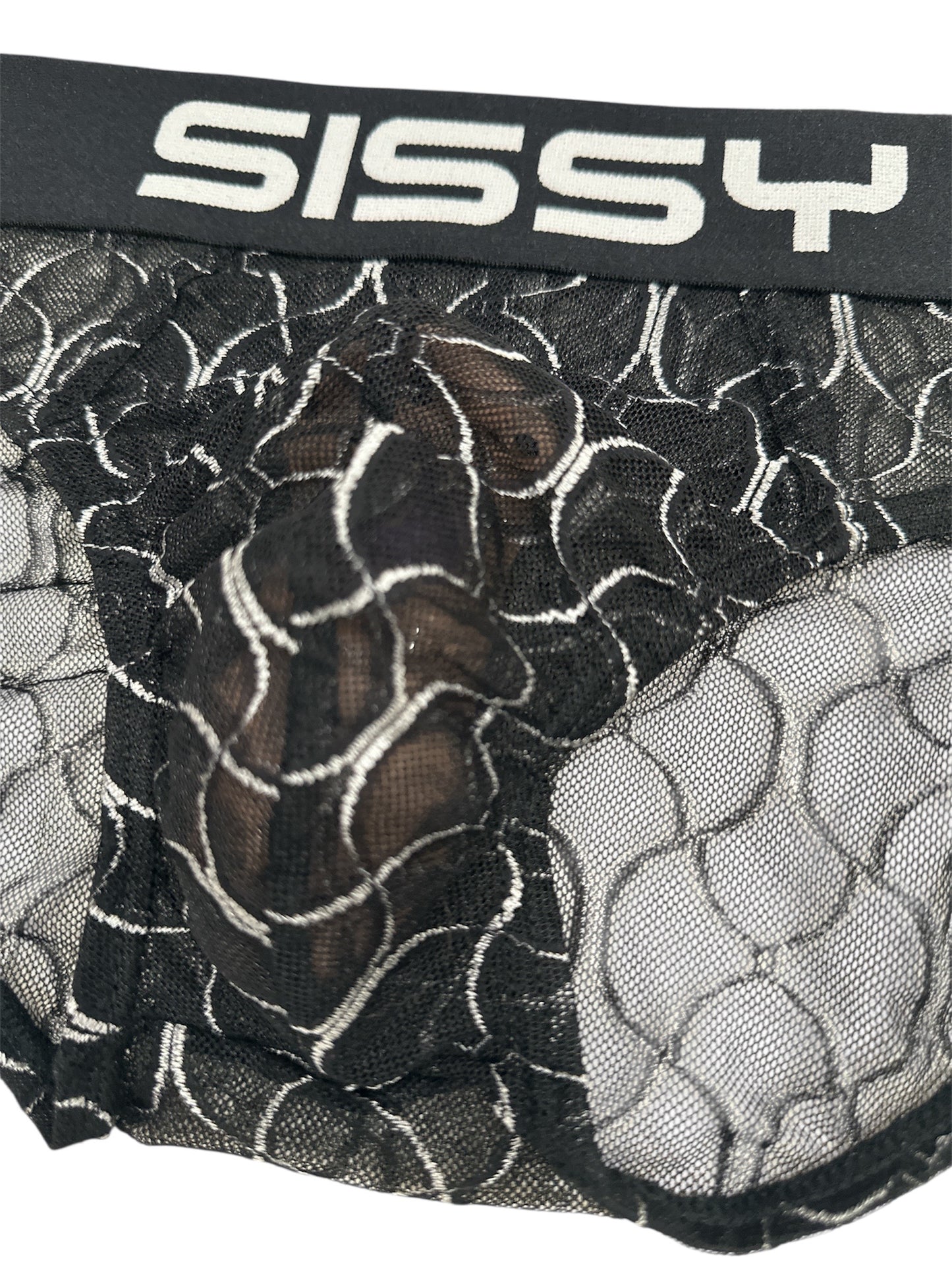 Black mesh underwear with 'SISSY' branding on a white background