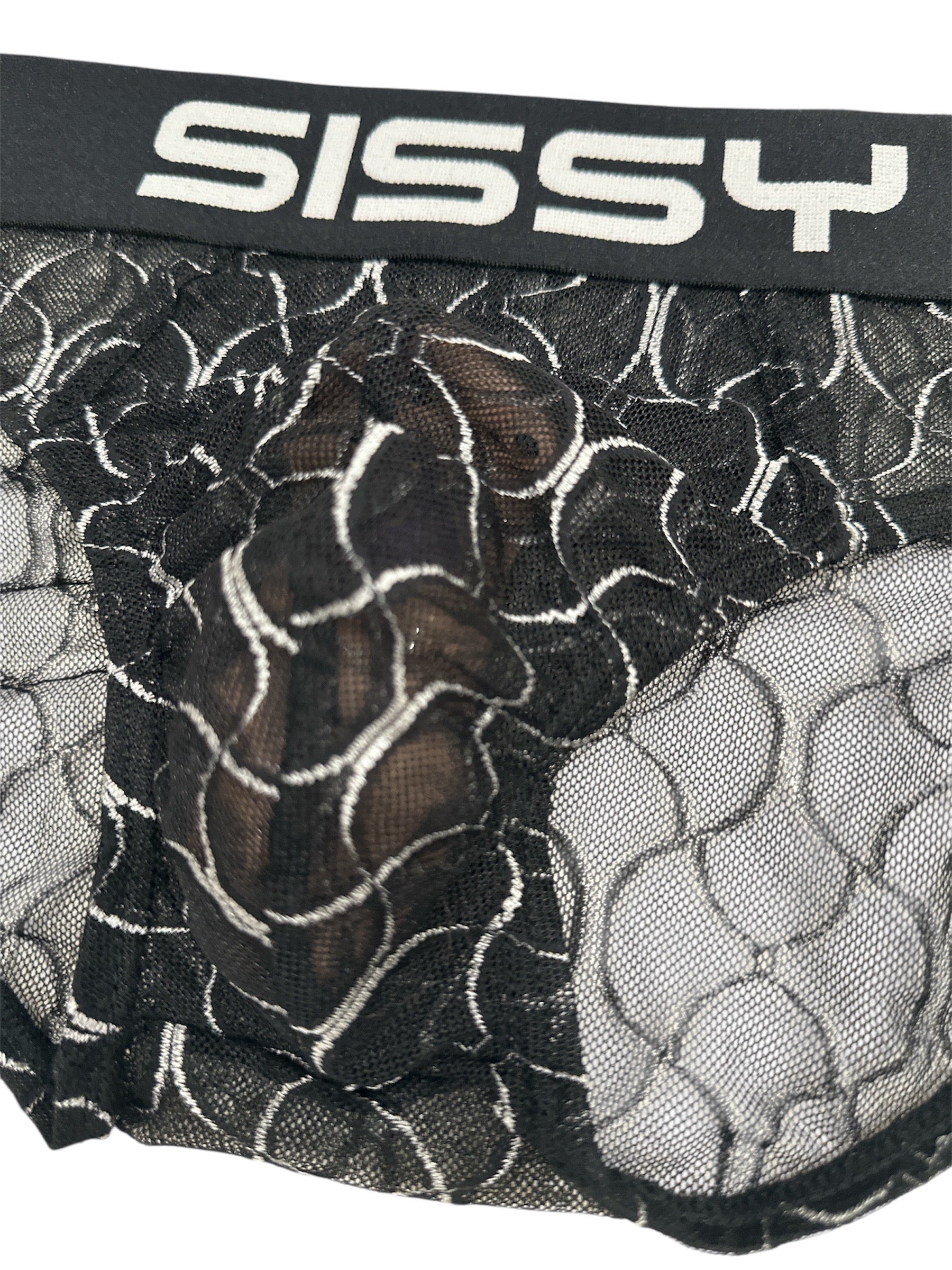 Black mesh underwear with 'SISSY' branding on a white background