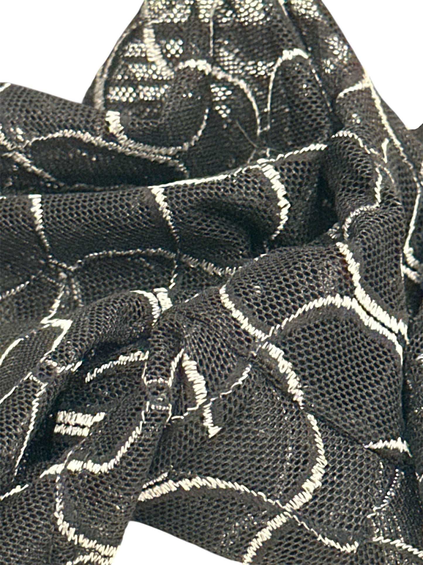 Black fabric with white floral pattern on a white background