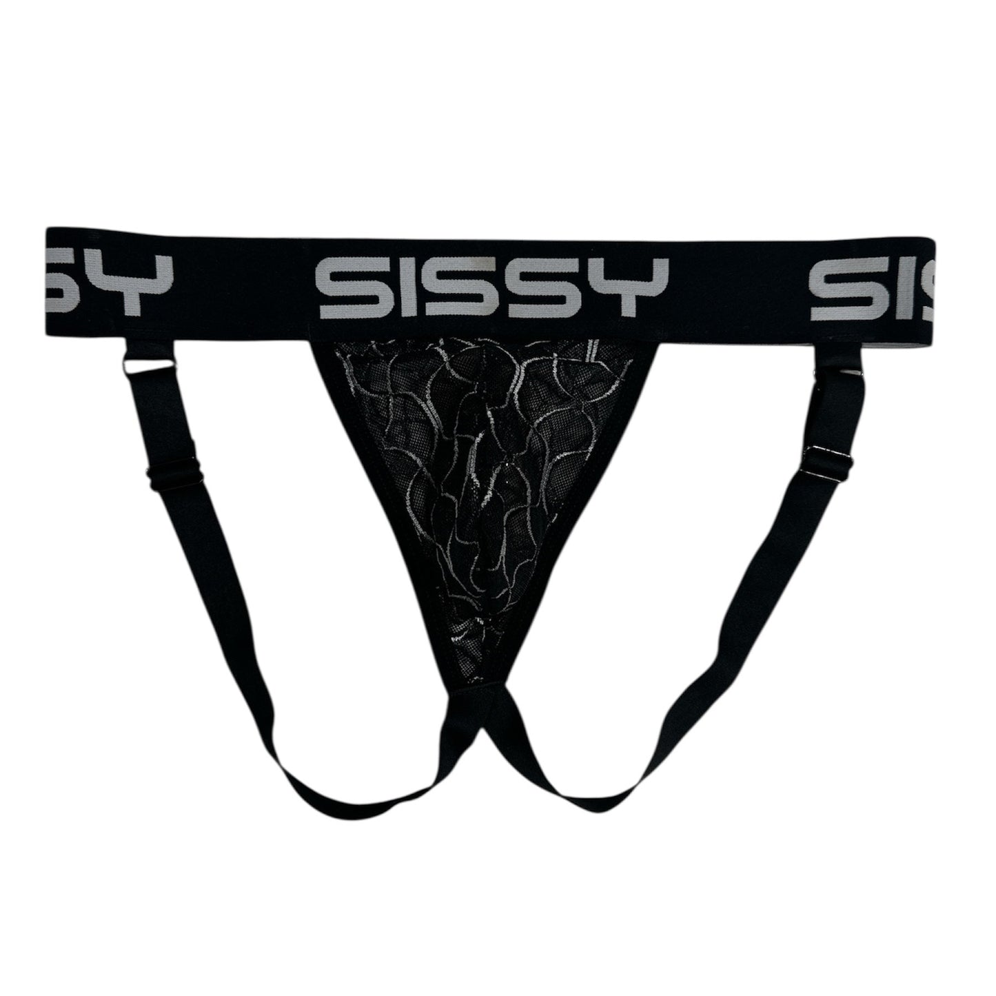 Black men's underwear with 'Sissy' branding on a white background