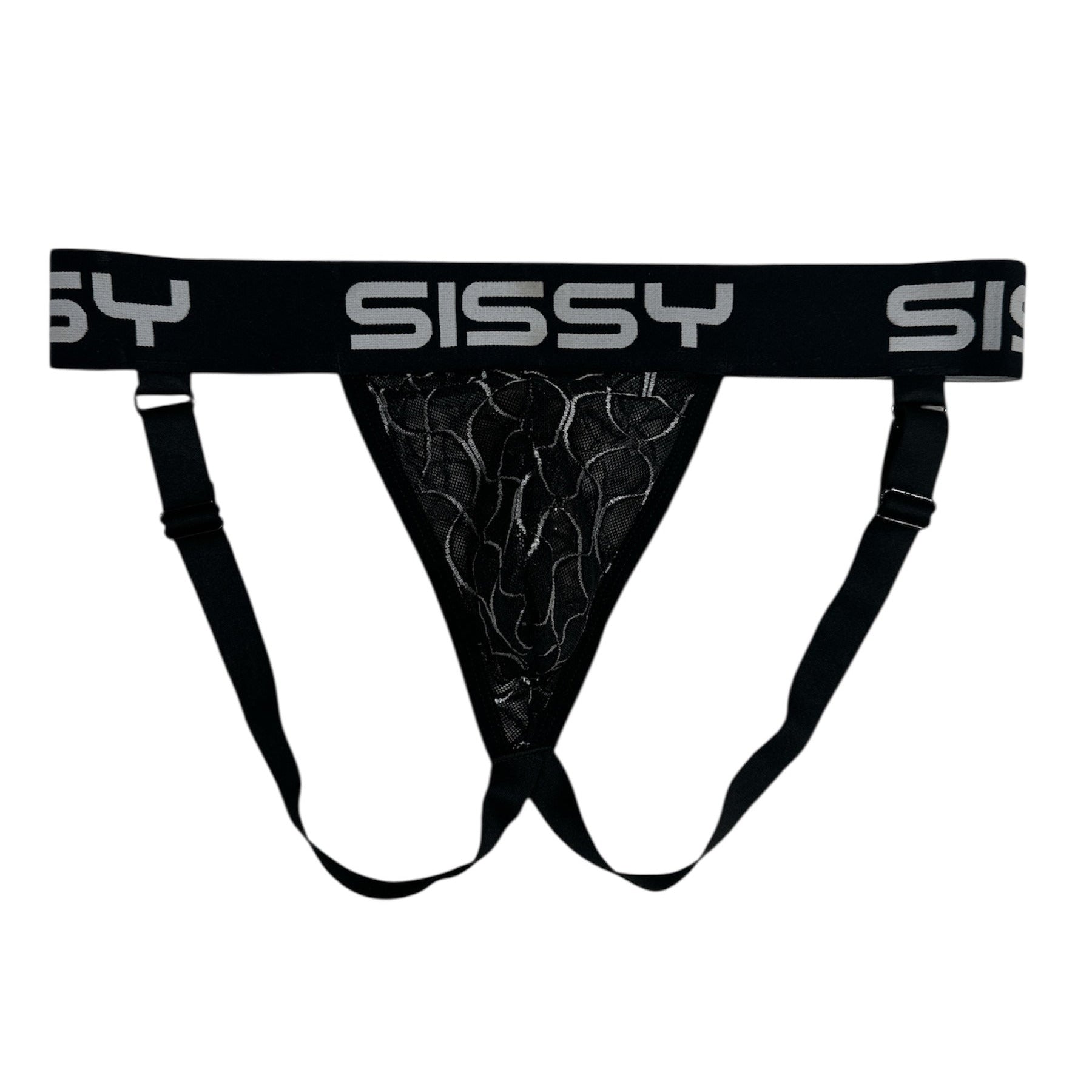 Black men's underwear with 'Sissy' branding on a white background