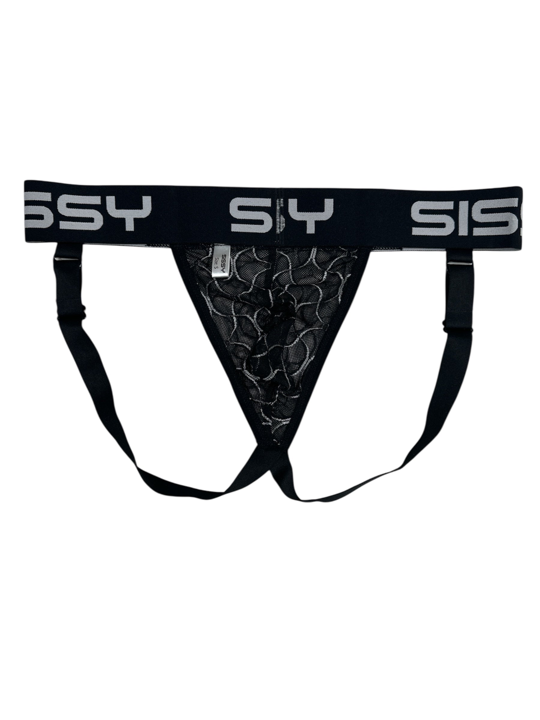 Black men's underwear with 'SSY SIS' branding on a white background