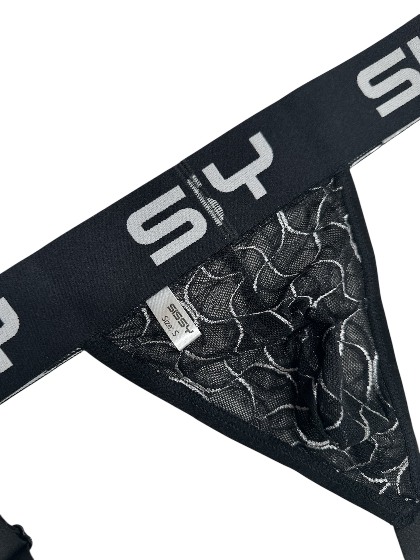 Black men's underwear with mesh design and brand logo on a white background