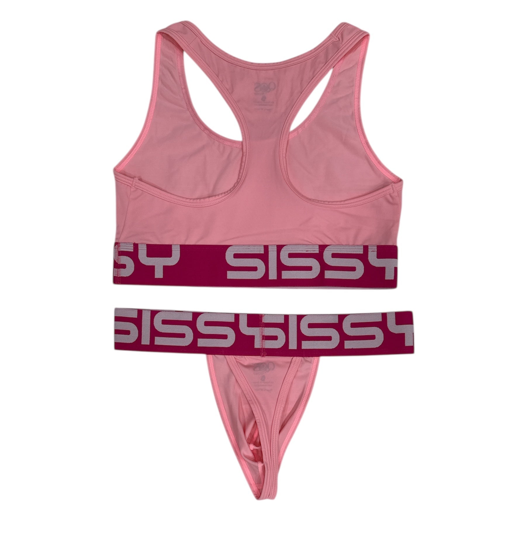 Pink sports bra and underwear set with 'Sissy' branding on a white background
