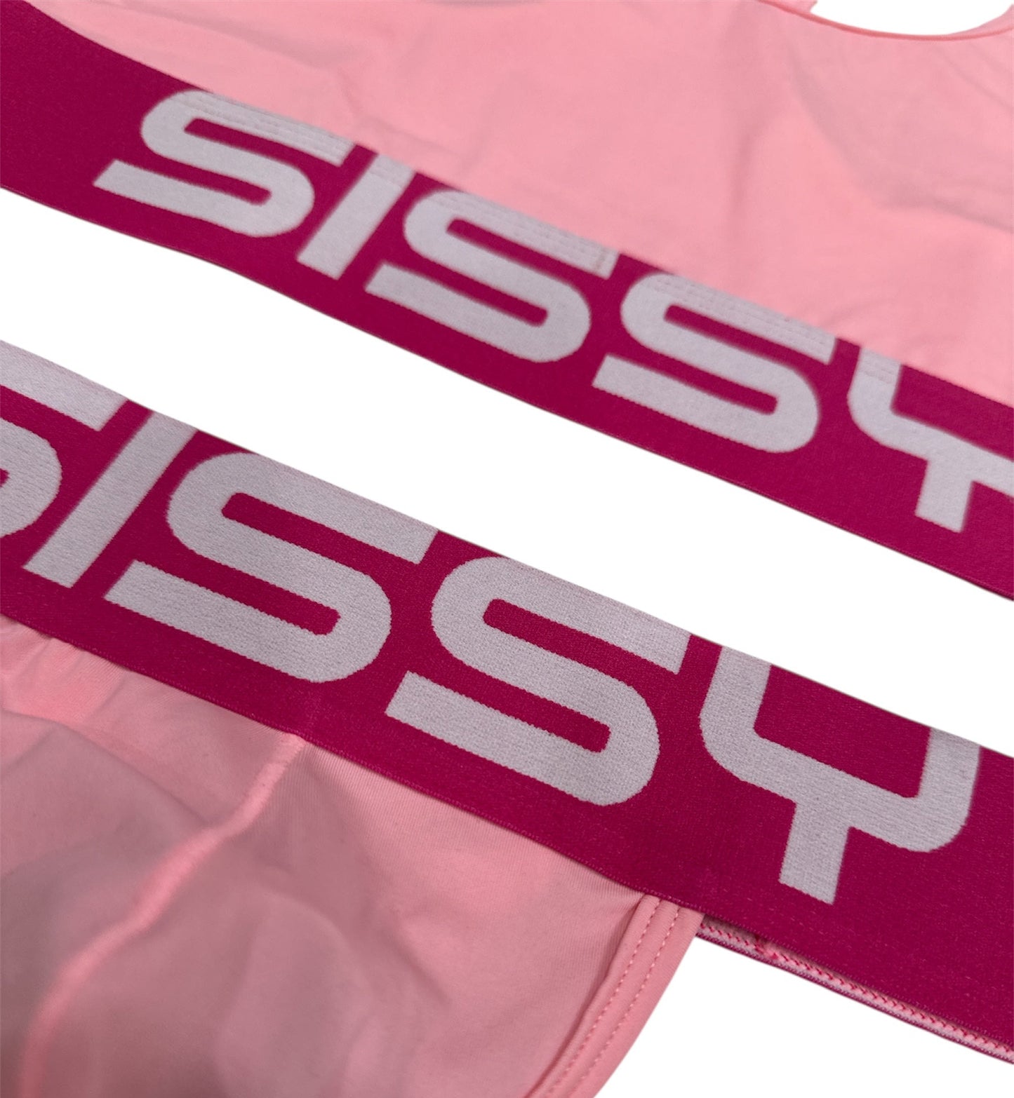 Pink underwear with 'Sissy' branding on a white background