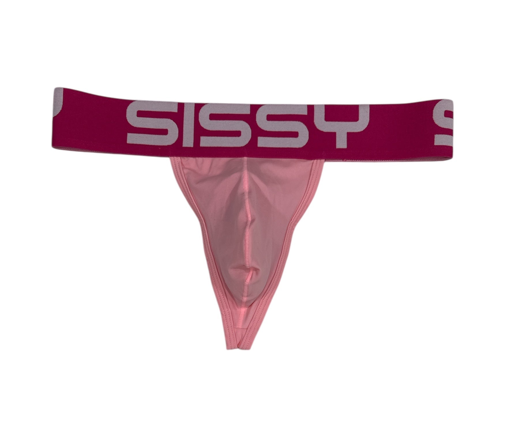 Pink men's underwear with a maroon band displaying the word 'Sissy' on a white background.