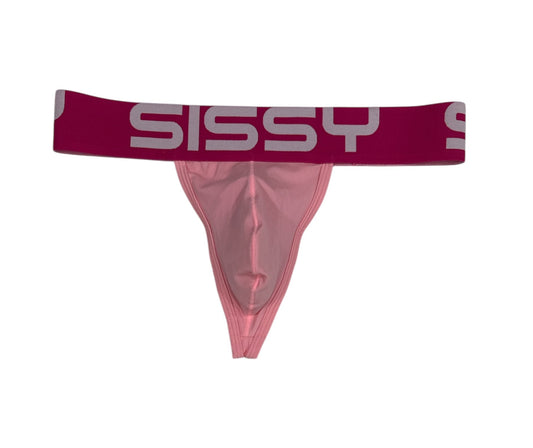 Pink men's underwear with a maroon band displaying the word 'Sissy' on a white background.