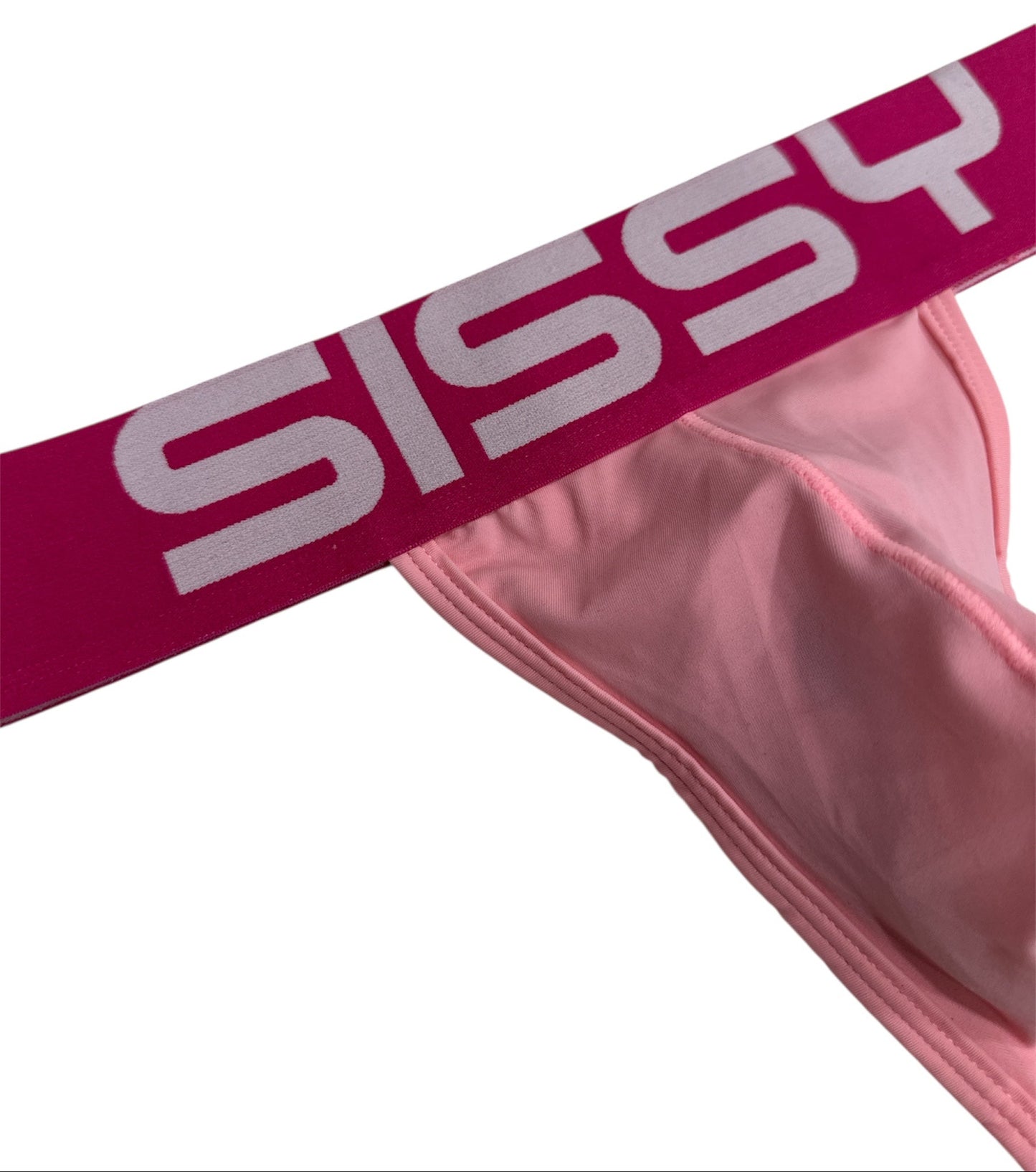 Pink bikini top with a red strap featuring the word 'Sissy' on a white background