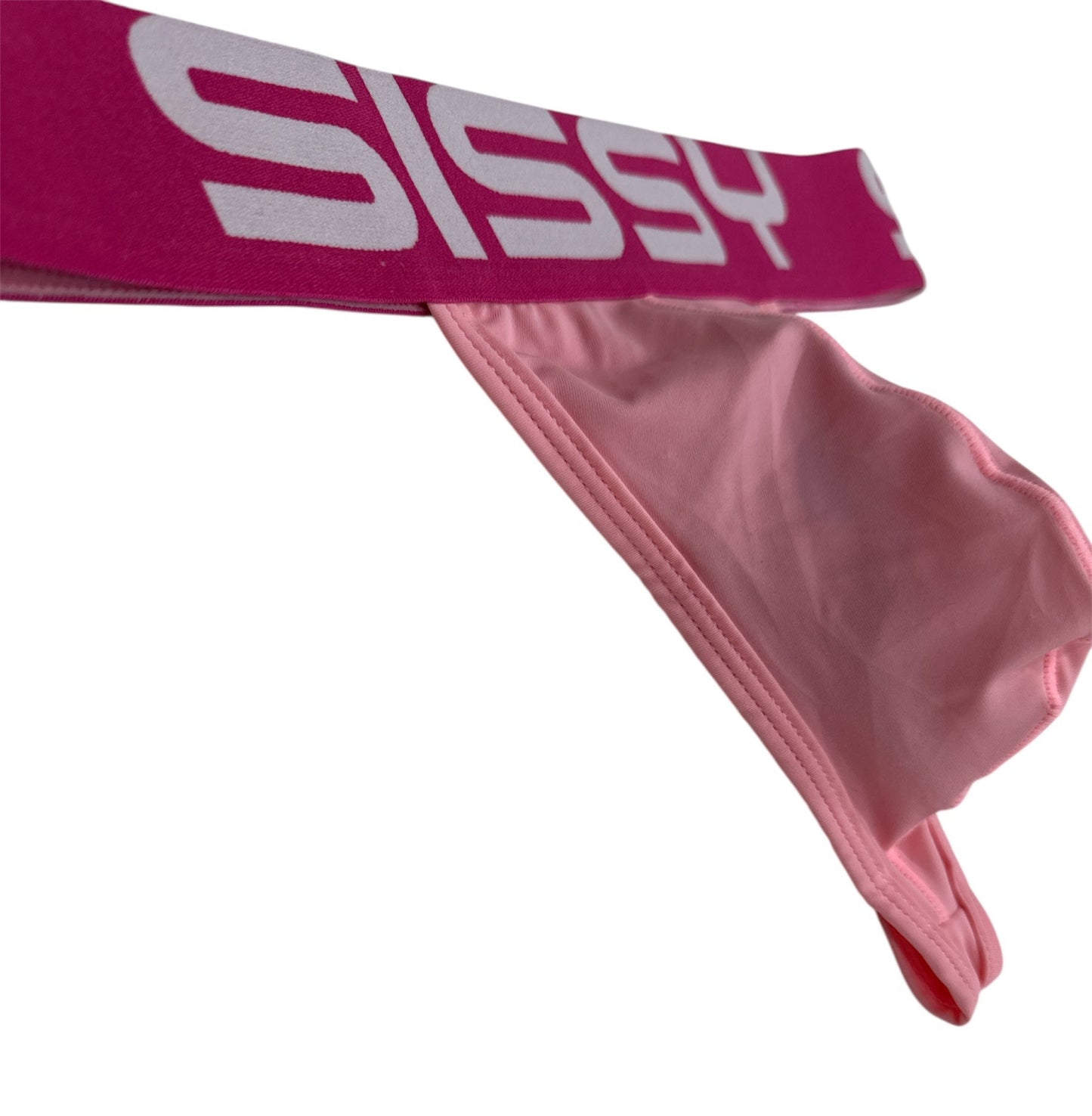 Pink headband with a visible brand logo on a white background