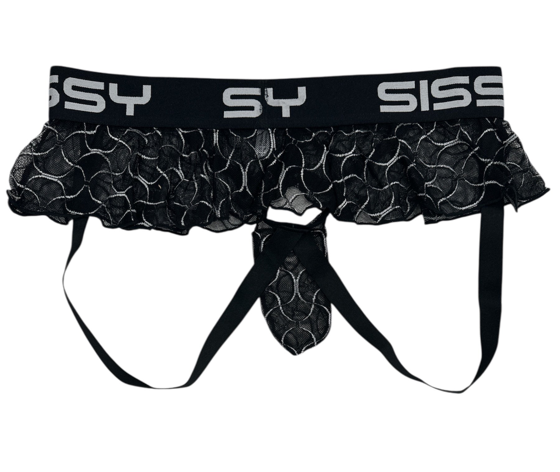 Black lace lingerie with 'SISSY' branding on a white background