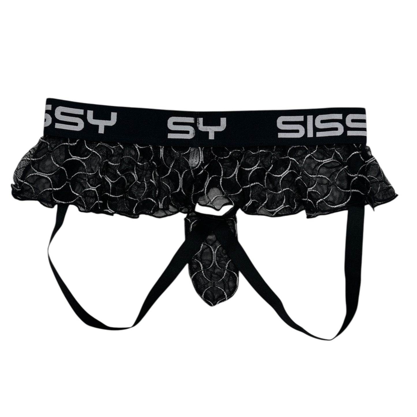 Black lace lingerie set with 'SISSY' branding on a white background