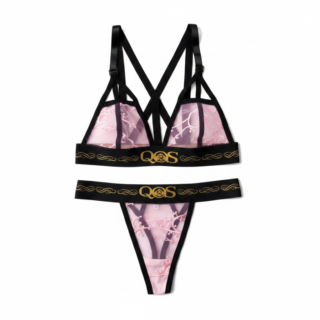 A collage of lingerie designs and sketches on a white background, featuring multiple black and sheer pink/black bra and thong styles with gold trim and the brand name Q&SS. A black line drawing of a female body appears on the right, and red script text at the bottom reads 'Designer: Styles Via Japapollera'.