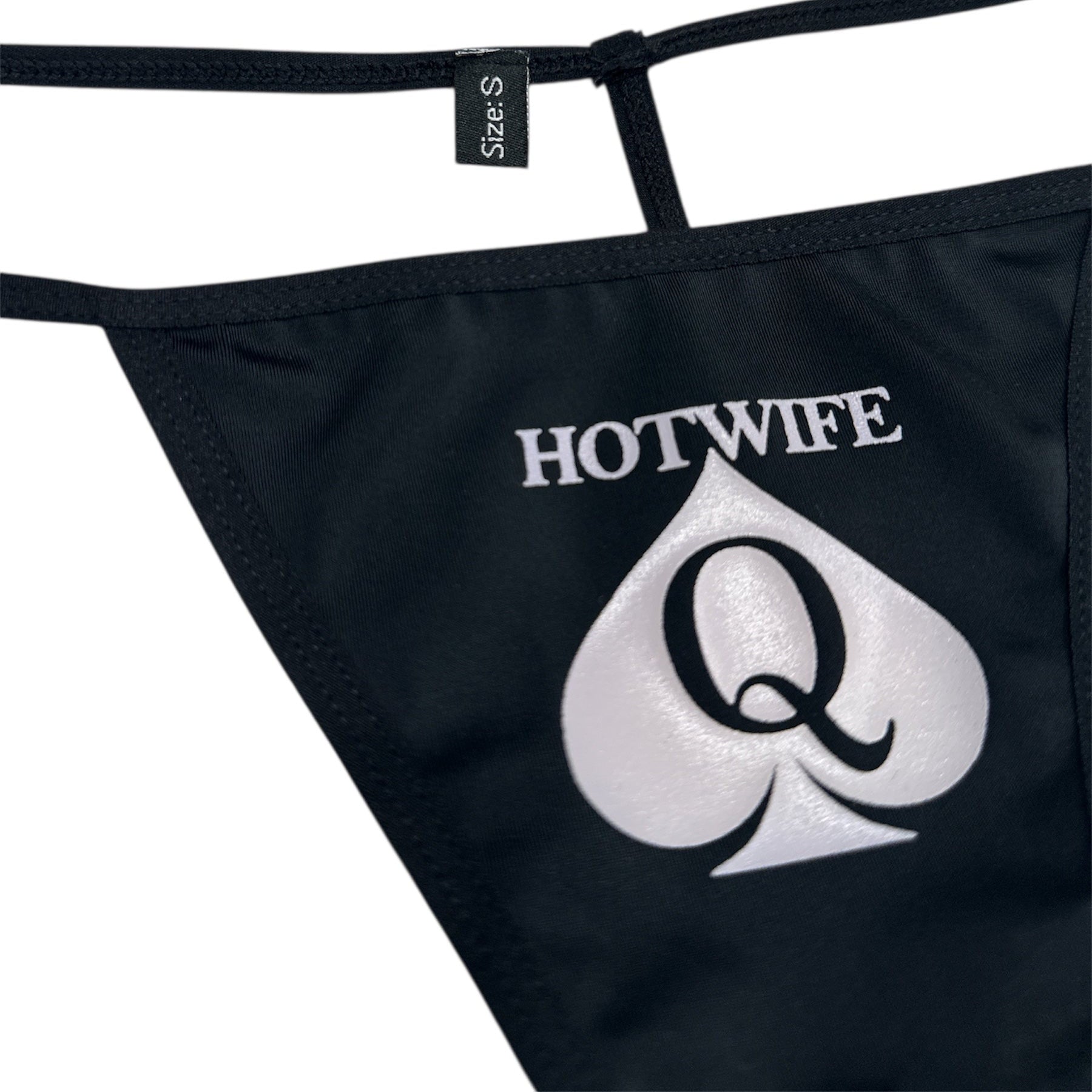 Black thong with 'HOTWIFE Q' logo on a white background