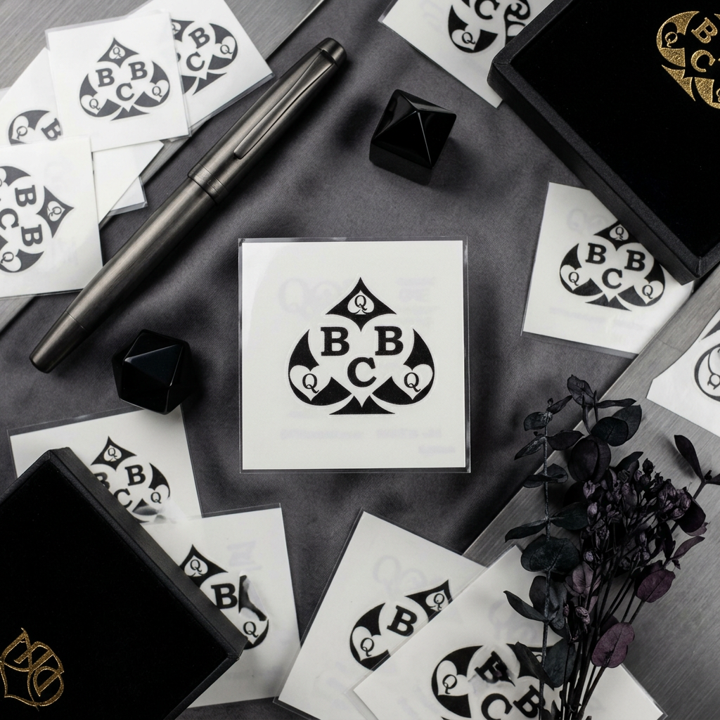 A square white sticker or decal featuring a black spade design with the letters B, B, C in the center and a small Queen of Spades symbol in each corner, shown on a plain white background.