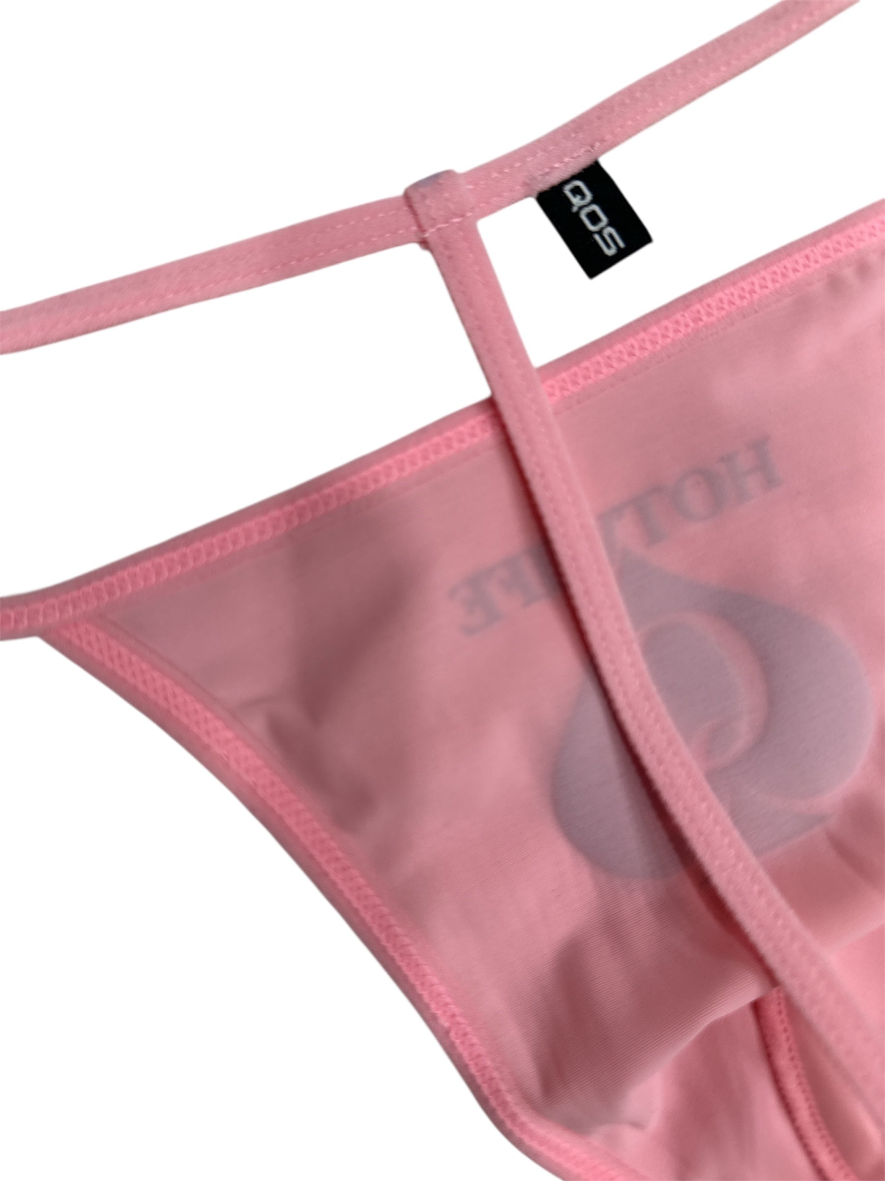 Pink mesh lingerie with brand label on a white background