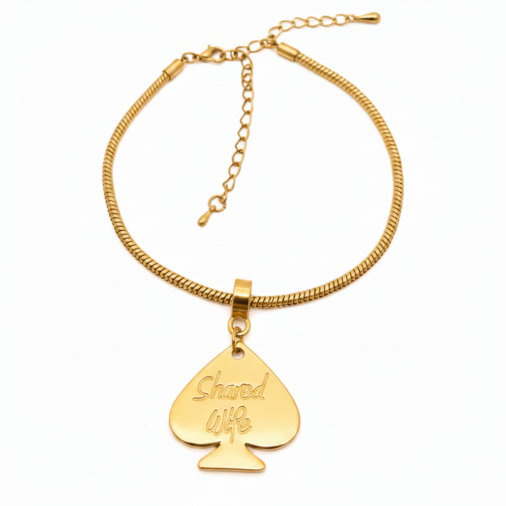 A dark gunmetal gray metal necklace featuring a snake chain and a teardrop-shaped pendant engraved with the words 'Shared Wife'.