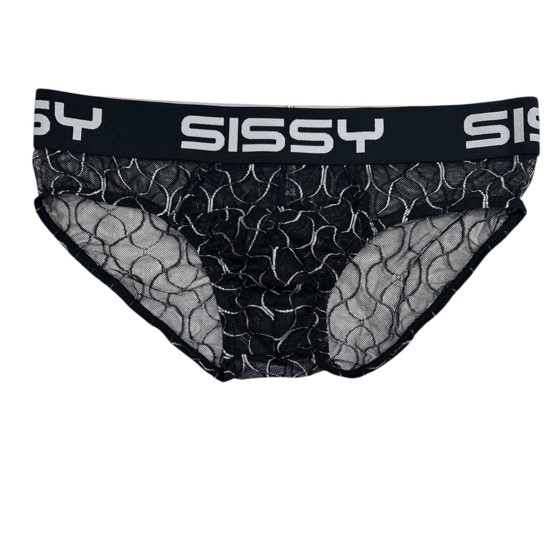 Black lace underwear with 'Sissy' branding on a white background