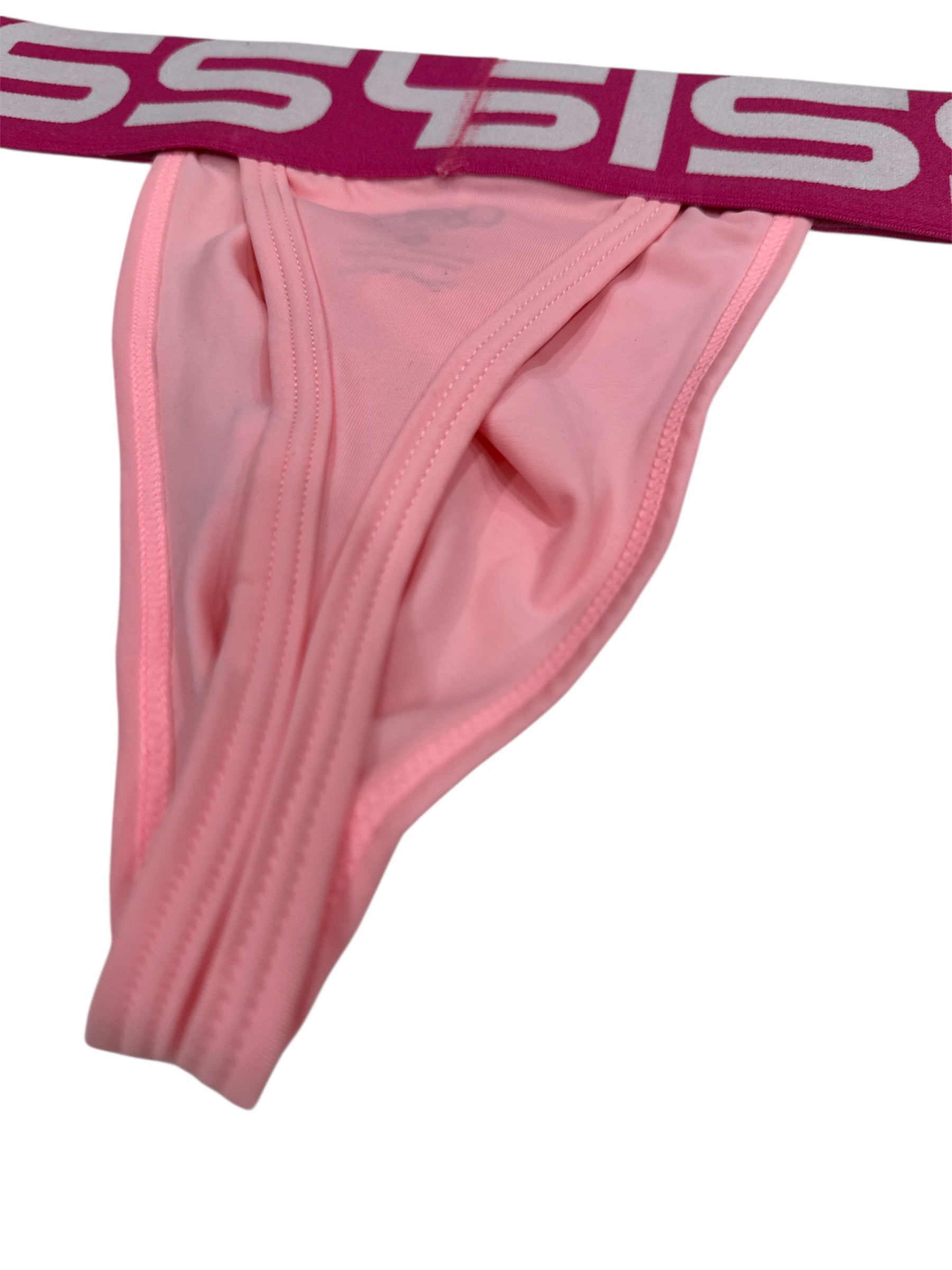 Pink underwear with a white logo on a white background