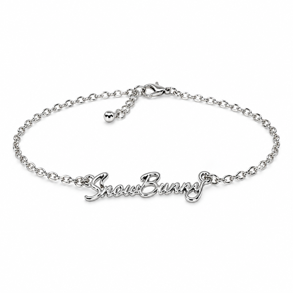 QOS Silver Snow Bunny Script Chain Bracelet