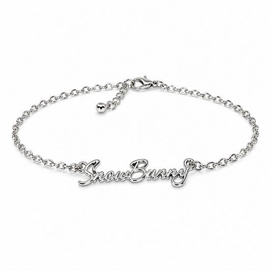 QOS Silver Snow Bunny Script Chain Bracelet